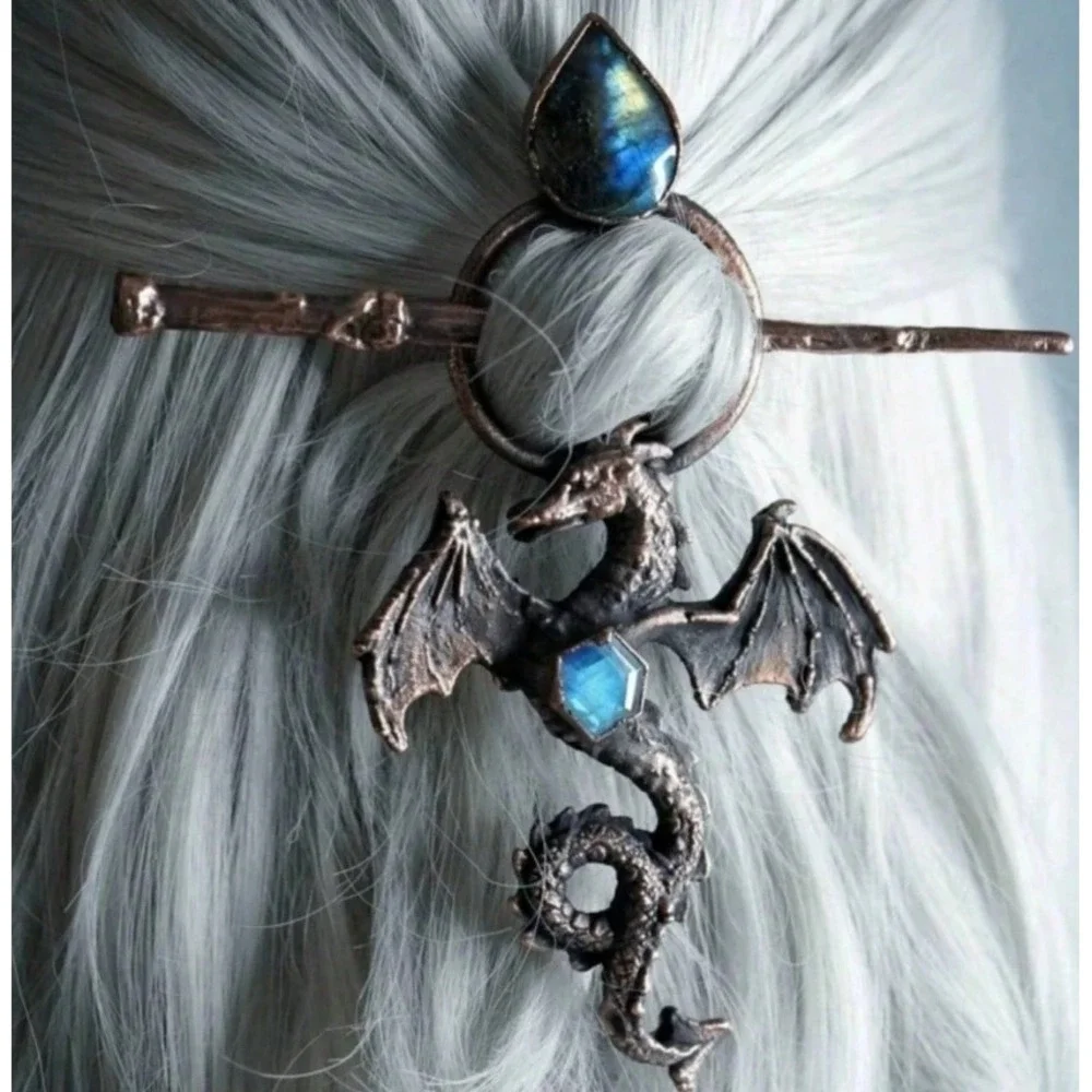 Retro Dragon Hair Slide Stick Set Bronze Blue Stone Gothic Fantasy Hair Clip